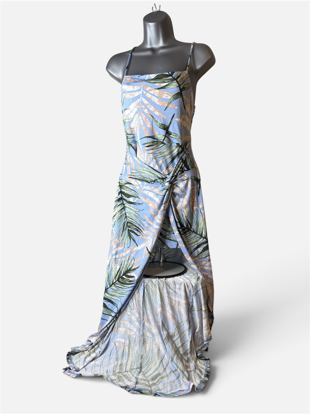 Haute Monde Light Blue Tropical Print High-Low Maxi Dress
